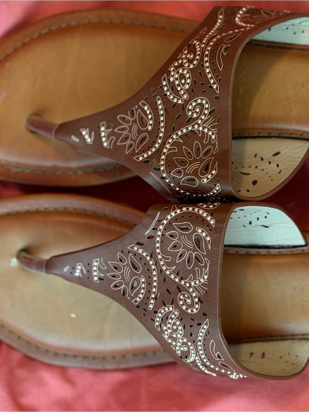 Women's Brown Embellished Thong Sandals with Cutout Detail